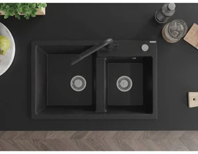 Mexen Tomas, granitový drez 800x500x190 mm, 2-komorový a čierna batéria Duero, čierna - strieborná metalíza, 6516-73-671600-70