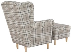 Kondela Kreslo, ušiak s taburetom, hnedé káro látka, ASTRID