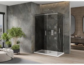 Mexen Omega, sprchový kút s posuvnými dverami 140 (dvere) x 80 (stena) cm, 8mm šedé sklo, chrómový profil + slim sprchová vanička biela + chrómový sifón, 825-140-080-01-40-4010