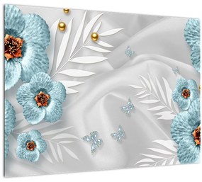 Sklenený obraz - 3D modré kvety (70x50 cm)