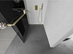 Mexen Kioto+ L, sprchová zástena Walk-In s poličkou a vešiakom 100 x 200 cm, 8mm šedé sklo, zlatý matný profil, 800-100-123-55-40