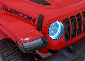 Ramiz Jeep Wrangler Rubicon na batérie pre deti červený + diaľkové ovládanie + rádio MP3 LED + kolesá EVA