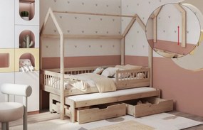 Detská domčeková posteľ z masívu borovice ASHER II so šuplíkmi a prístelkou - 180x80 cm - prírodná borovica
