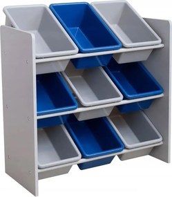 Detský regál na hračky s 9 plastovými boxmi - modro-sivý