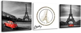 3-dielny obraz s hodinami, Eiffelova veža, 35x105cm
