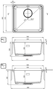 Deante Momi, 1-komorový granitový drez 500x450x230 mm s úsporným sifónom, grafitová metalíza, DEA-ZKM_G10A