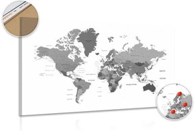 Obraz na korku mapa sveta v čiernobielej farbe