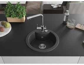 Mexen Diego, 1-komorový granitový drez 488x488x167 mm, chrómová batéria Duero, čierna škvrnitá, 6512-76-671600-00