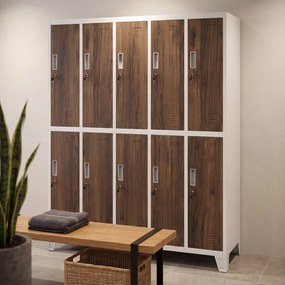 Šatňová skriňa BOZP 10-dverová biela/orech, 1360x1720x450 mm: BARTEK Eco Design