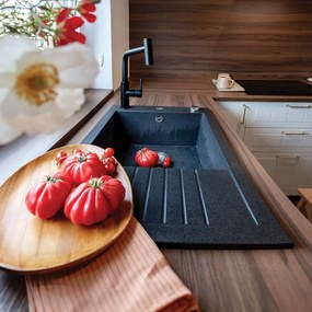 Laveo Pionier, 1-komorový granitový drez 780x500x207 s krátkym odkvapávačom, čierna škvrnitá, LAV-SBR_713T