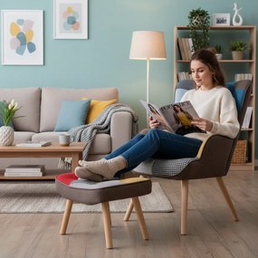 Kreslo ušiak CORDU + taburet — masív, látka, prírodná / patchwork