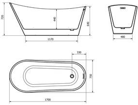 Mexen Alta, voľne stojaca vaňa 170 x 75 cm, biela, čierny matný prepad, 52141707500-70
