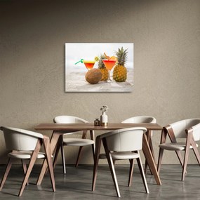 Sklenený obraz ananásov a pohárov na pláži (70x50 cm)