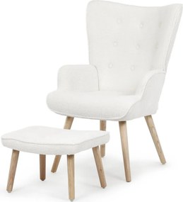 Relaxačné kreslo ušiak ROMEO II + taburet — masívne drevo, látka bouclé, prírodná / biela