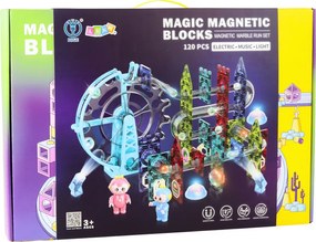 LEAN Toys Magnetické priestorové kocky, guľôčková dráha, postavičky, svietiace, 120 ks.