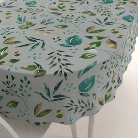 Biante Bavlnený oválny obrus Sandra SA-430 Modro-zelené listy na sivom 140x200 cm