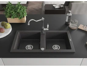 Mexen Mario, granitový drez 820x436x161 mm, 2-komorový a drezová batéria Carla, čierna škvrnitá, 6504-76-670700-00