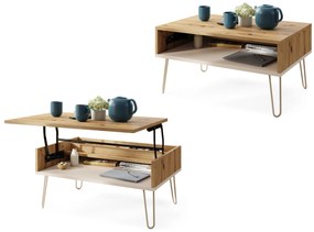 HAIRPIN S-90 Dub Artisan/Béžová (Šampanská) - MODERNÝ KONFERENČNÝ STOLÍK S VÝKLOPNOU DOSKOU + ÚLOŽNÝ PRIESTOR + POLICA