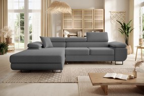 Šedý rozkladací roh Astorp L, ľavý, s opierkami hlavy na vysokých nožičkách.