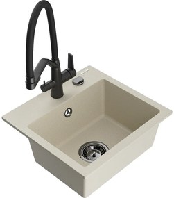 Mexen Milo, granitový drez 435x410x171 mm, 1-komorový a drezová batéria Duo, béžová, 6505-69-671701-70-B