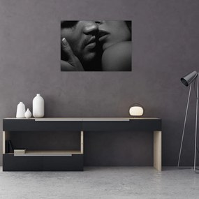 Sklenený obraz - Bozk, čiernobiela fotografia (70x50 cm)