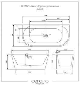 CERANO - Voľne stojaca akrylátová vaňa Grazia - biela matná - 170x80 cm, CER-CER-477824