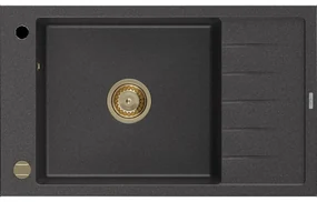 Mexen Elias granitový jednokomorový drez s odkvapkávačom 795 x 480 mm, Čierna škvrnitá, Sifón Zlatá - 6511791005-76-G