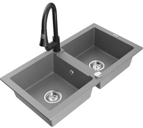 Mexen Mario, 2-komorový granitový drez 820x436x161 mm a drezová batéria Elia, šedá, 6504-71-670101-70