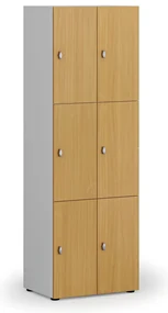 Drevená šatníková skrinka s úložnými boxmi, 6 boxov, otočný zámok, sivá/buk