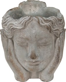 Šedý cementový kvetináč hlava dievčatá v dlaniach - 14*16*17 cm