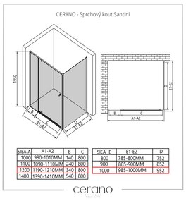 Cerano Santini, sprchovací kút 120(dvere) x 100(stena) x 195 cm, 6mm číre sklo, čierny profil, CER-CER-429010