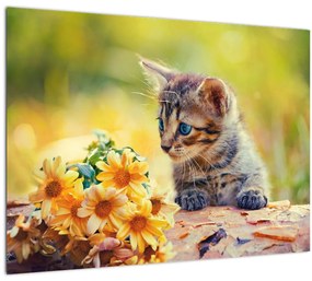 Sklenený obraz mačiatka pozerajúce sa na kvetinu (70x50 cm)