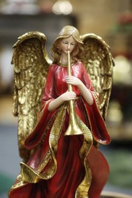 Červeno zlatá figúrka anjel s trúbkou 38cm