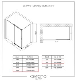 Cerano Santoro, sprchovací kút s posuvnými dverami 140(dvere) x 80(stena) x 195 cm, 6mm šedé sklo, čierny profil, CER-CER-425497