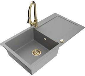 Mexen Leo, 1-komorový granitový drez 900x500x190 mm a drezová batéria Elia, šedá, 6501-71-670101-50