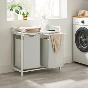 Kôš na bielizeň s 2 priehradkami, kovový rám, biela a sivá farba