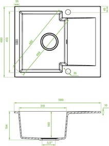 Kuchinox Chichi, 1-komorový granitový drez 580x480x180 mm s odkvapkávačom, šedá matná, LAV-SBH_513Y
