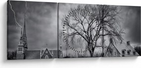 Obraz čiernobielej dediny (s hodinami) (90x30 cm)