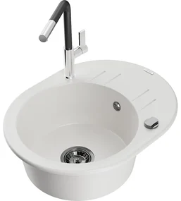 Mexen Kevin, 1-komorový granitový drez 586x458x190 mm a drezová batéria Flora, biela, 6517-20-670401-07-B