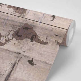 Tapeta mapa sveta so symbolickými zvieratami  na drevenom podklade