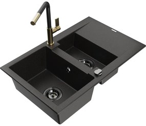 Mexen Gaspar, 1,5-komorový granitový drez 737x475x177 mm a drezová batéria Flora, čierna-zlatá metalíza, 6507-75-670401-57-B