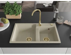 Mexen Tomas, granitový drez 800x500x190 mm, 2-komorový, béžová so zlatým sifónom, 6516802000-69-G