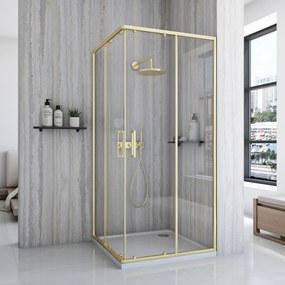 Štvorcový sprchovací kút REA CITY 90x90 zlatá kartáčovaná/transparent + vanička Savoy čierna