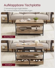 Konferenčný stolík, výškovo nastaviteľný, so zásuvkami, 50 x 100 cm, ťavohnedý