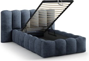 Tmavomodrá čalúnená jednolôžková posteľ s úložným priestorom s roštom 90x200 cm Lupine – Micadoni