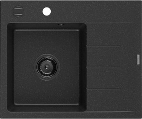 Mexen Ben, 1-komorový granitový drez 600x500x190 mm, ľavý + čierny sifón, čierna-strieborná metalíza, 6522605000-73-B