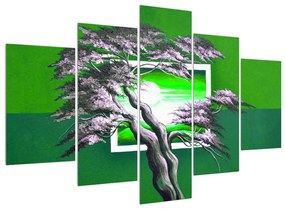 Zelený obraz stromu a východu slnka (150x105 cm)