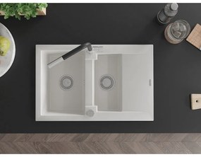 Mexen Gaspar, 1,5-komorový granitový drez 737x475x177 mm a drezová batéria Flora, biela, 6507-20-670401-07