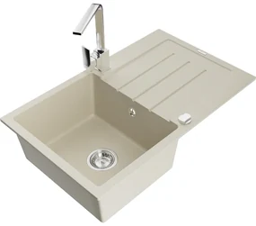 Mexen Bruno, drez granitový 795x495x200 mm, 1-komorový, béžová s chrómovým sifónom a chrómová drezová batéria Rita, 6513-69-670300-00