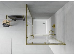 Mexen Rio, štvorcový sprchovací kút s posuvnými dverami 70(dvere) x 70(dvere) x 190 cm, 6mm číre sklo s pásikmi, zlatý profil + biela sprchová vanička RIO, 860-070-070-50-20-4510